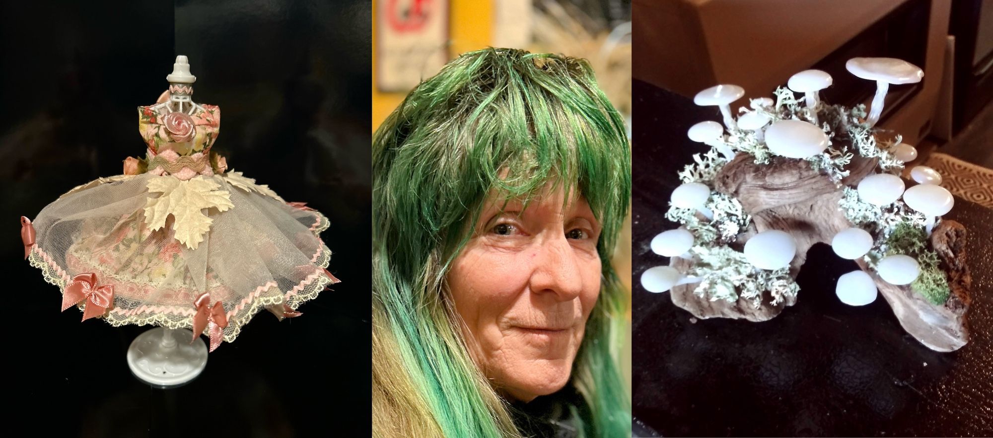 undefined Image 1 is a 3 picture collage. the first shows a miniature dress with white lace, pink bows and rosettes, and tiny maple leaves. the second shows mags, the artist, a white person with shaggy green hair, smiling slightly. third shows a natural-art sculpture with tiny mushroom figures added to real wood and lichen.