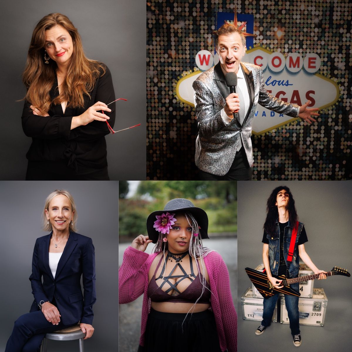 a 5 picture collage. Image 1 is A woman smiling in front of a backdrop while holding her red glasses Image 2 is A man in a suit with microphone in front of a las vegas backdrop Image 3 is A smiling woman in a blue business suit Image 4 is A young woman in a hat sweater wearing pink pastel goth style Image 5 is A young man holding a guitar in front of several road cases
