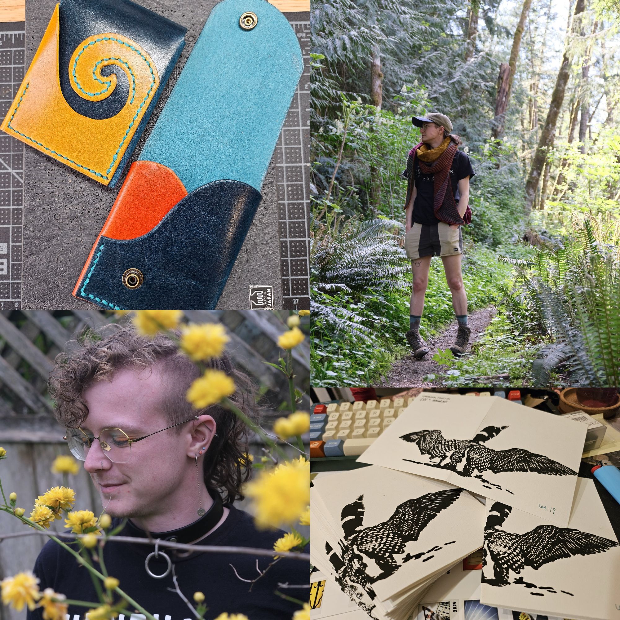 undefined Image 1 is a four picture collage. two pictures show lee, a white person with curly hair and glasses; in one picture, wearing a colorful knit shawl. the other two frames show lee's work. 1, two leather card wallets with an elegant swoop on the back in vivid colors of leather; 2, a pile of greeting cards with a block-printed loon spread across front and back of the cards.
