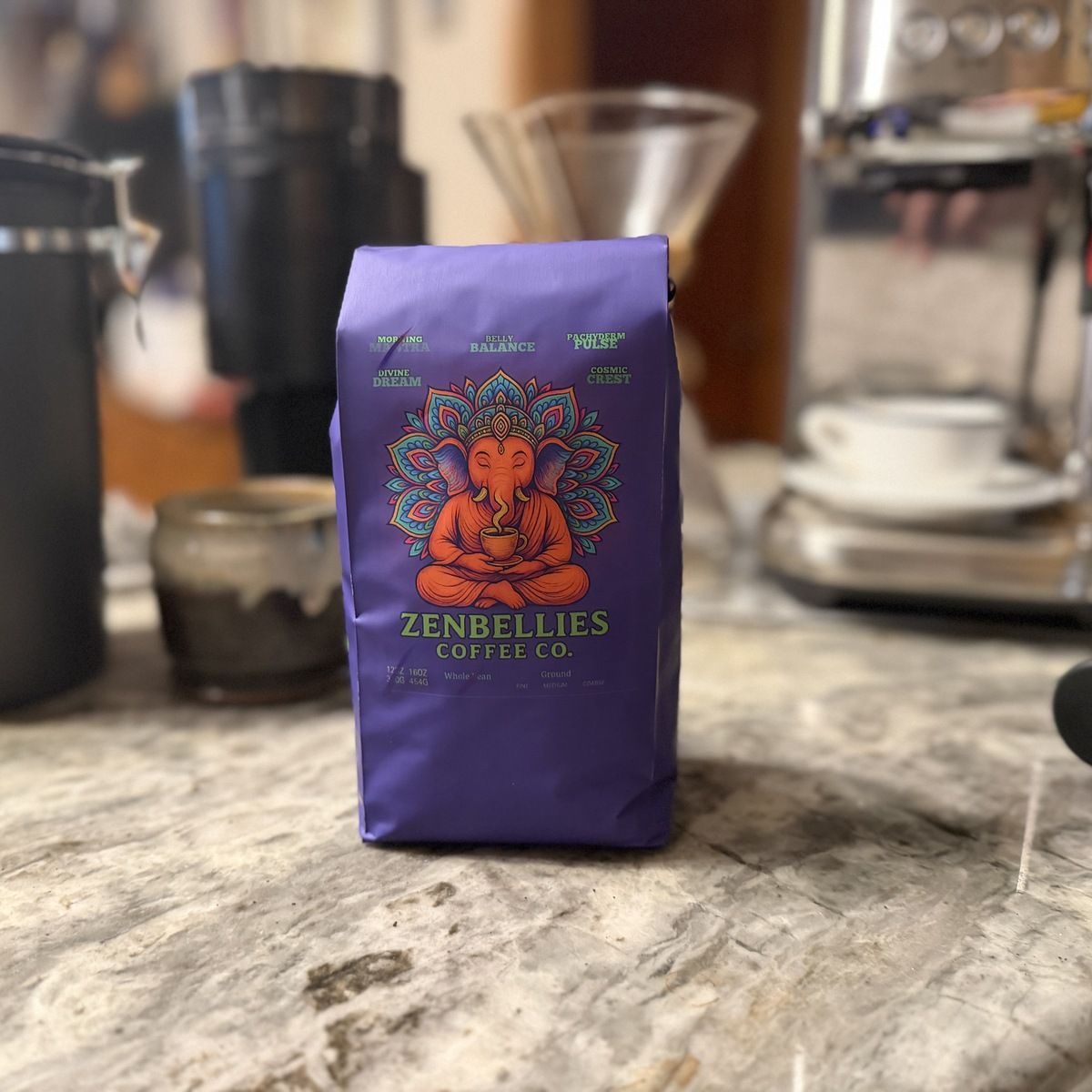 undefined Image 1 is Bag of ZenBellies coffee on the counter in front of a coffee station.