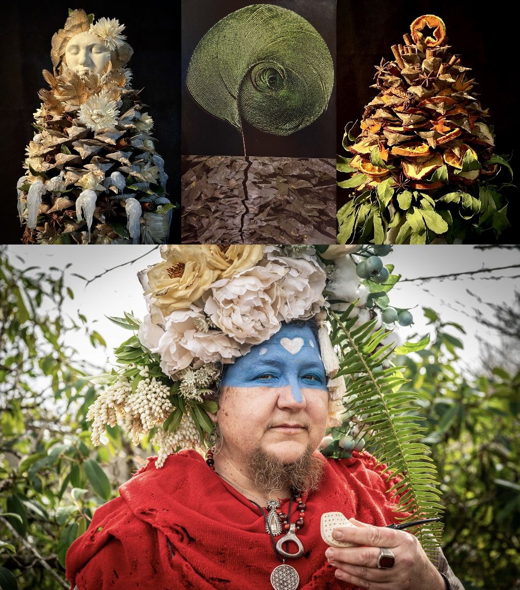 a 4 picture collage. Image 1 is Coulter pinecone with dried oranges, & apples, dried flowers, & bay leaves. Image 2 is a collage titled 'when the black rock opens'. artist statement on the piece Intentional Collage, seeds have been planted in the line of the future. There is a promise of what will be growing when it is time for us to understand. Image 3 is Coulter pinecone with feathers, moon, snail shell, dried flowers, spices, bay leaves, and found sculpted porcelain face. Image 4 is jennifer hawke, the artist, a white person with a beard and knowing eyes. the top half of their face is painted blue with a white heart, and they are wearing a huge elaborate flower crown, a red shawl, and several chunky pendants.