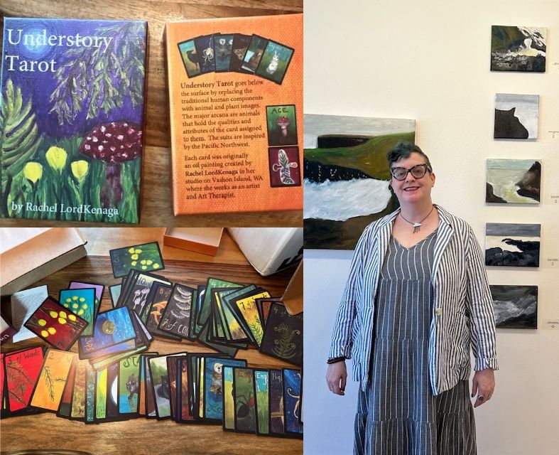 undefined Image 1 is a 3 picture collage. 2 pictures show the case and cards of a tarot deck created by Rachel. The third shows Rachel, a white person with turquoise hair, cat eye glasses, and contrasting striped jacket and dress, standing in front of paintings of shorelines.