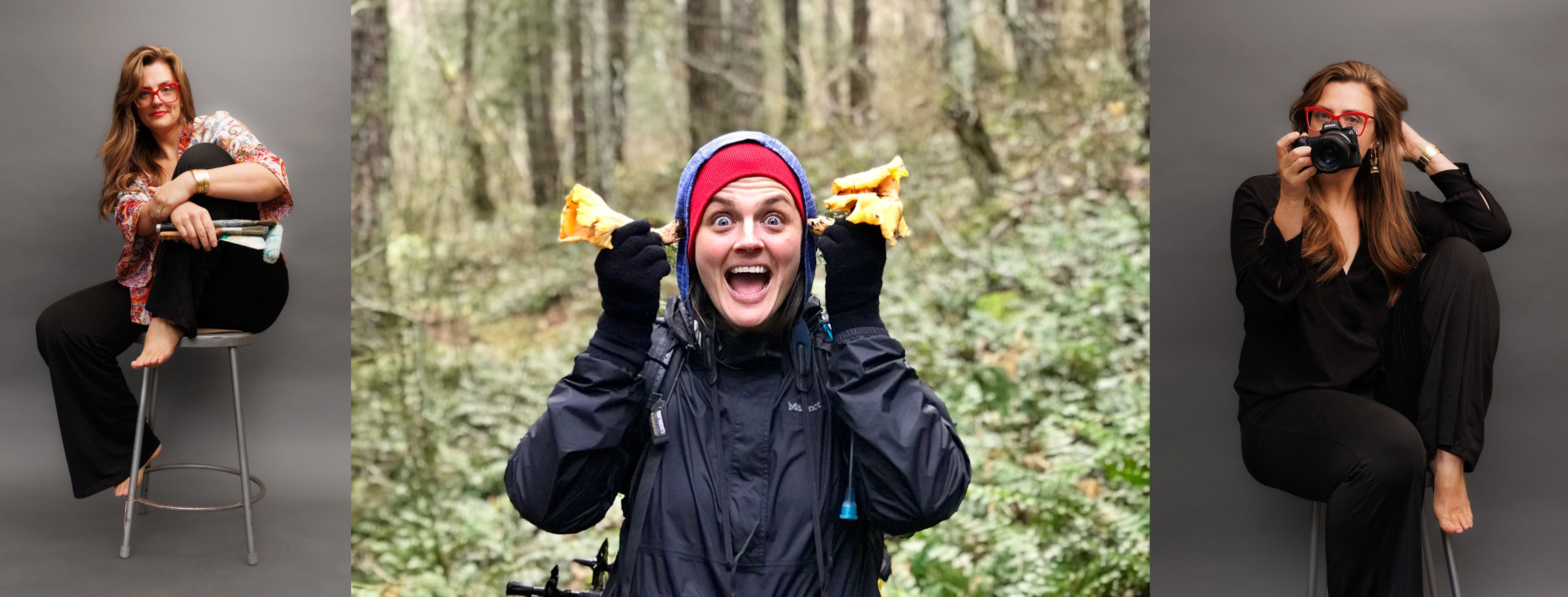 undefined Image 1 is 3 picture collage of a white brunette woman. in picture one, she sits on a tall stool with her leg pulled up, holding paintbrushes. in picture 2 she stares at the camera with chanterelles held up to her ears. picture 3, she aims a camera at the camera.