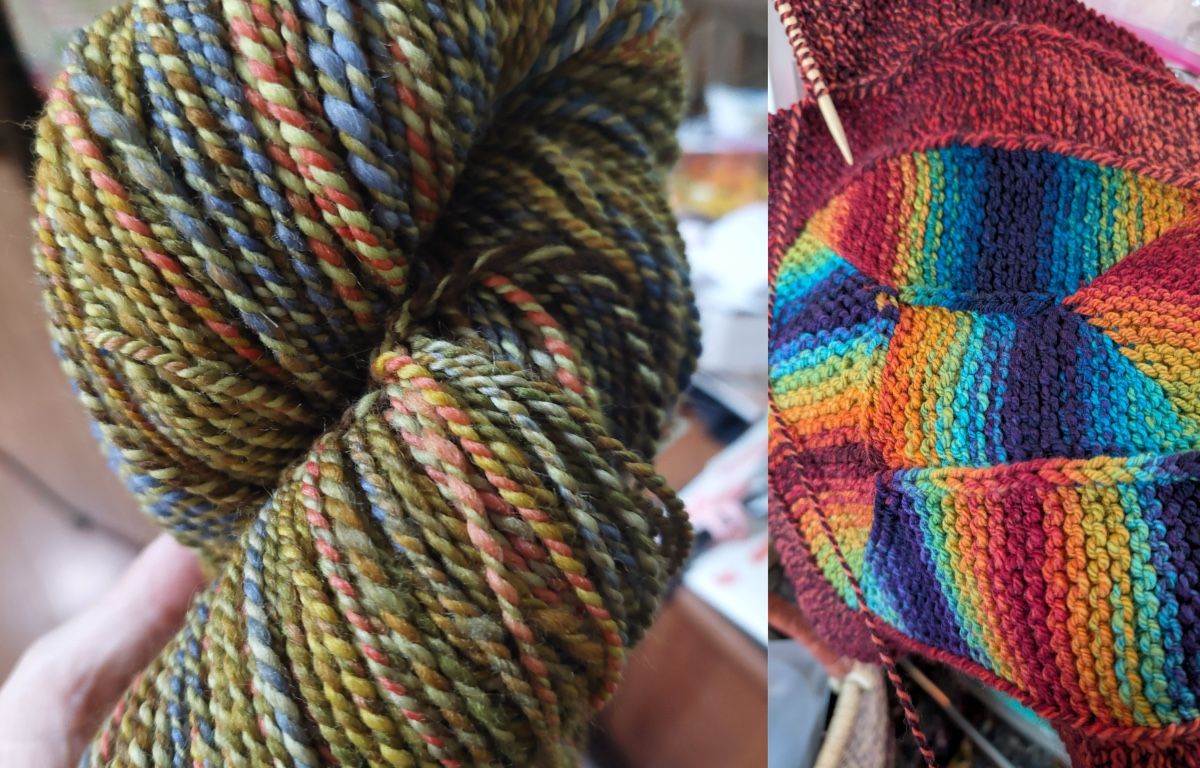 a 2 picture collage. Image 1 is Hand spun yard in beautiful spring hues, marled. Image 2 is knitting made from hand spun yarn.