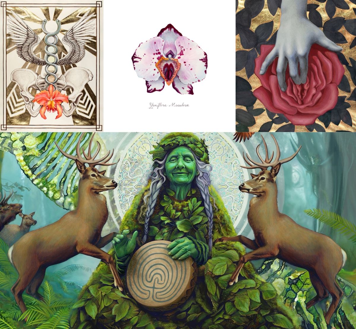 a 4 picture collage. Image 1 is Kundalini Yoniflower Image 2 is Yoniflower Watercolor Image 3 is Aphrodite's Rose Image 4 is Wild Grandmother